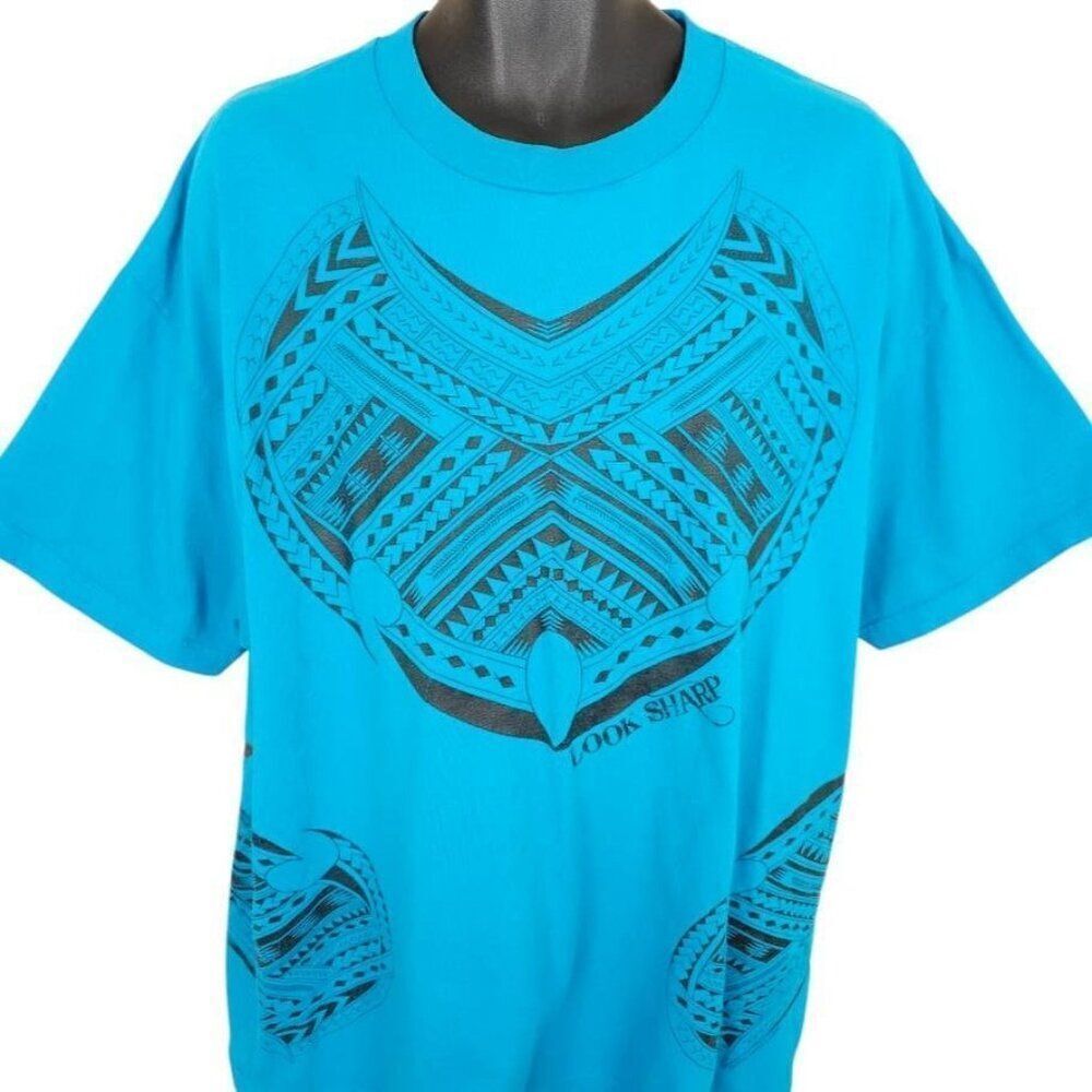Vintage Polynesian Tribal T Shirt Mens Size 2XL Blue Teal Wraparound Print